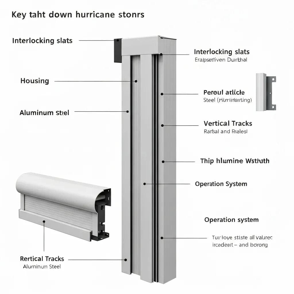 Diagram showing housing, slats, and tracks of roll-down shutters