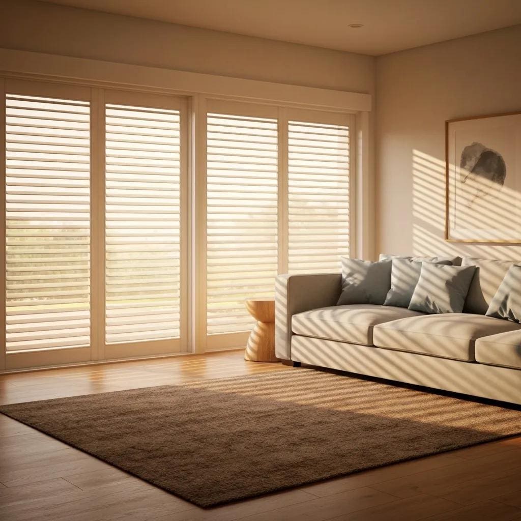 Living room with partially closed roll down shutter, showing reduced glare and improved comfort