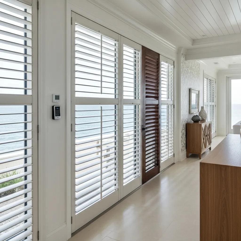 Premium accordion shutters with motorization and textured finishes on a modern coastal home