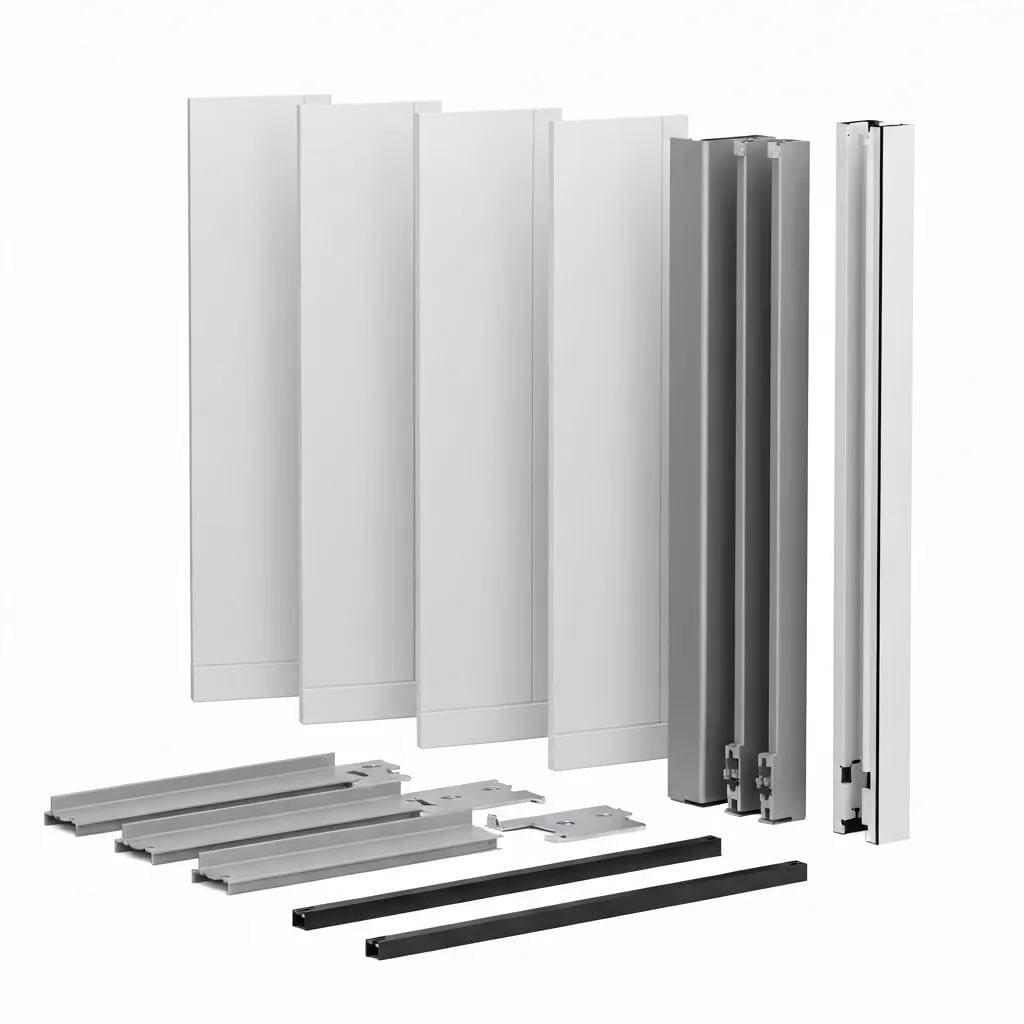 Key accordion shutter components — blades, vertical hinges, side tracks, head rail, locks, and fasteners — shown for clarity
