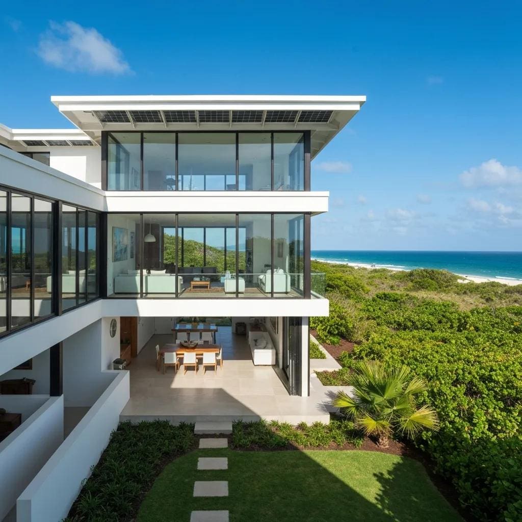 Modern accordion shutters on a coastal home, showcasing sleek design and functionality