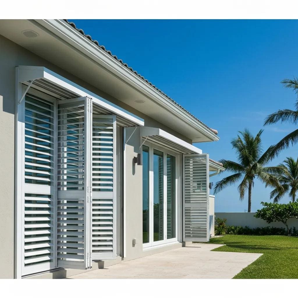 Modern coastal home featuring accordion shutters, showcasing their protective function against hurricanes