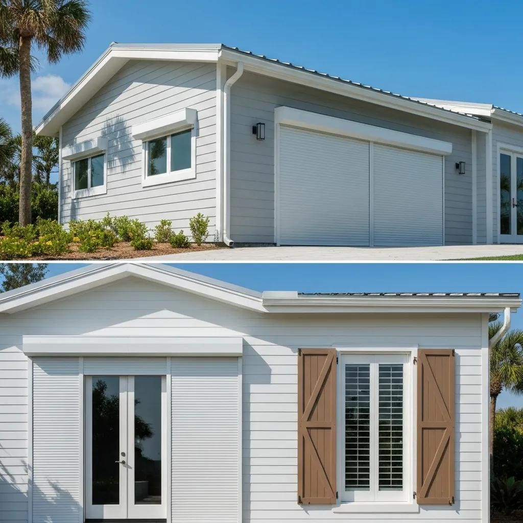 Modern coastal home featuring roll-down and traditional hurricane shutters, highlighting aesthetic integration