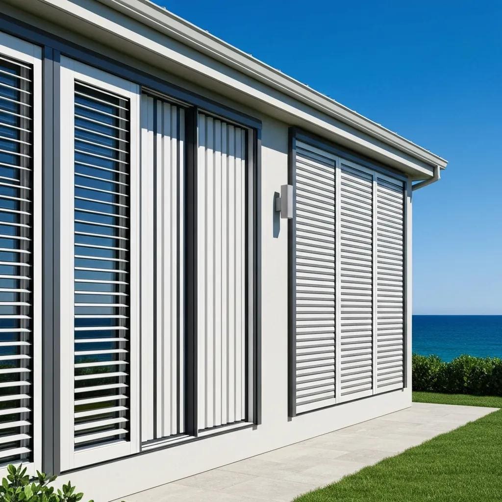 Modern coastal home featuring stylish accordion shutters for storm protection
