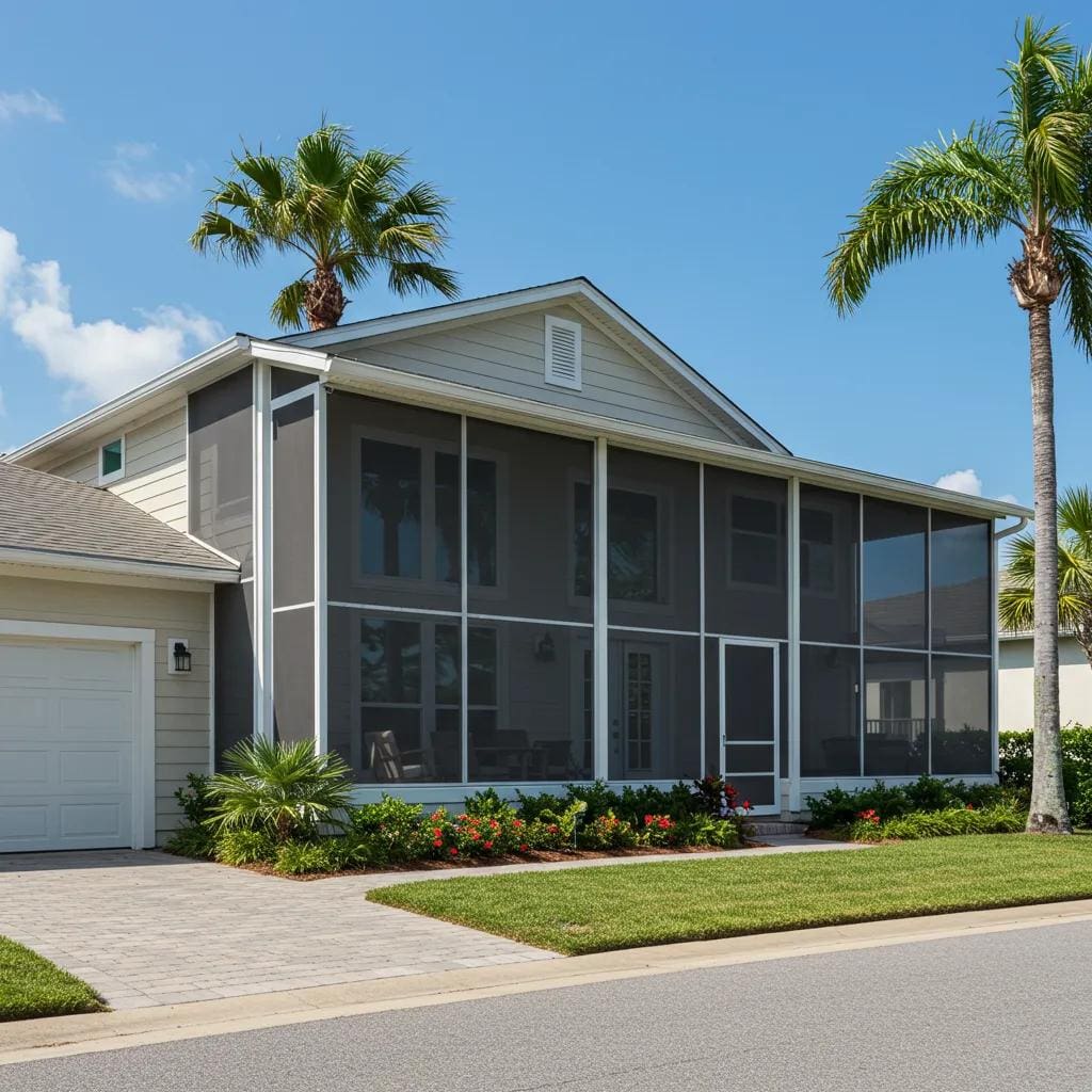 Modern coastal home with hurricane screens installed, showcasing protection and aesthetics