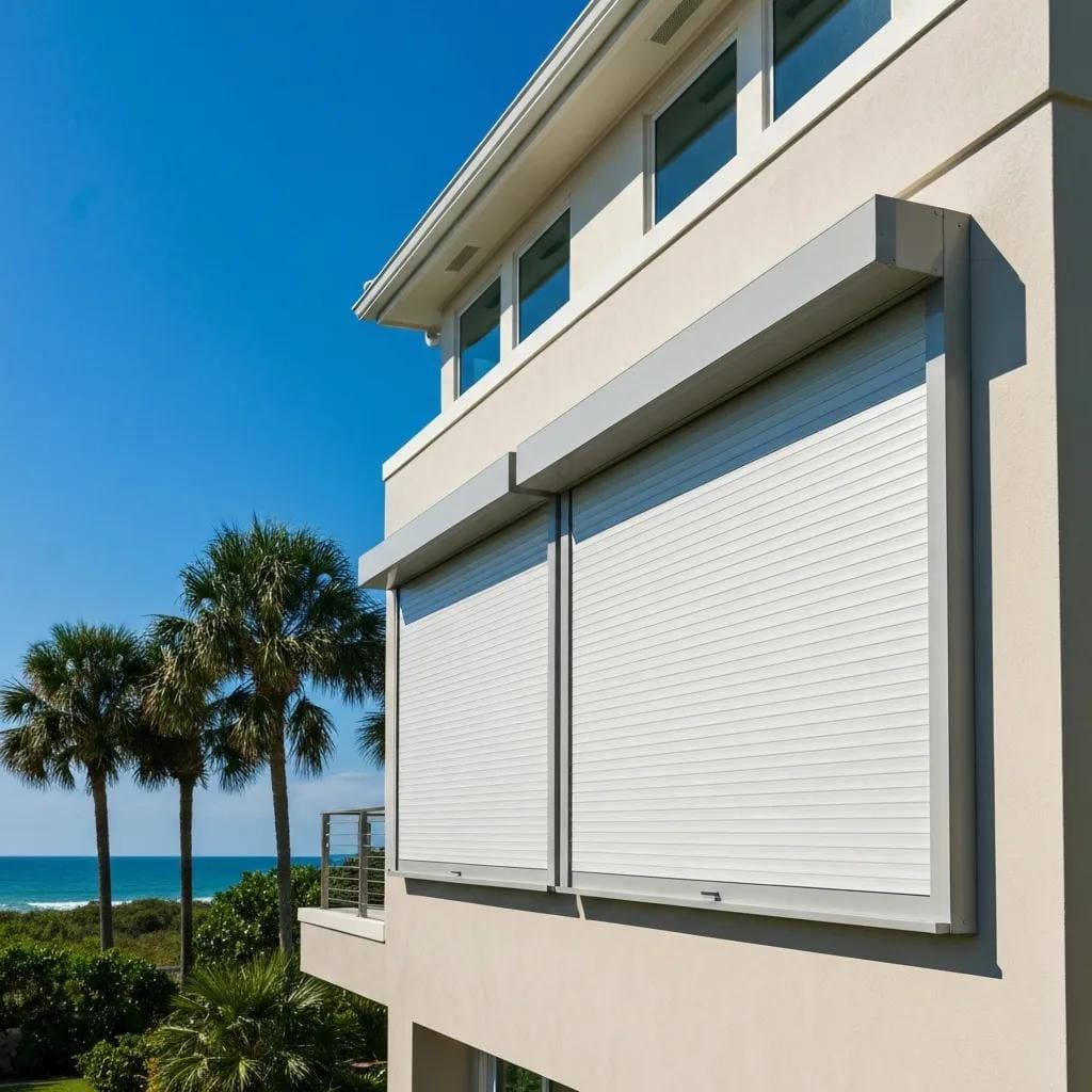 Modern coastal home with roll down hurricane shutters partially closed, showcasing storm protection features