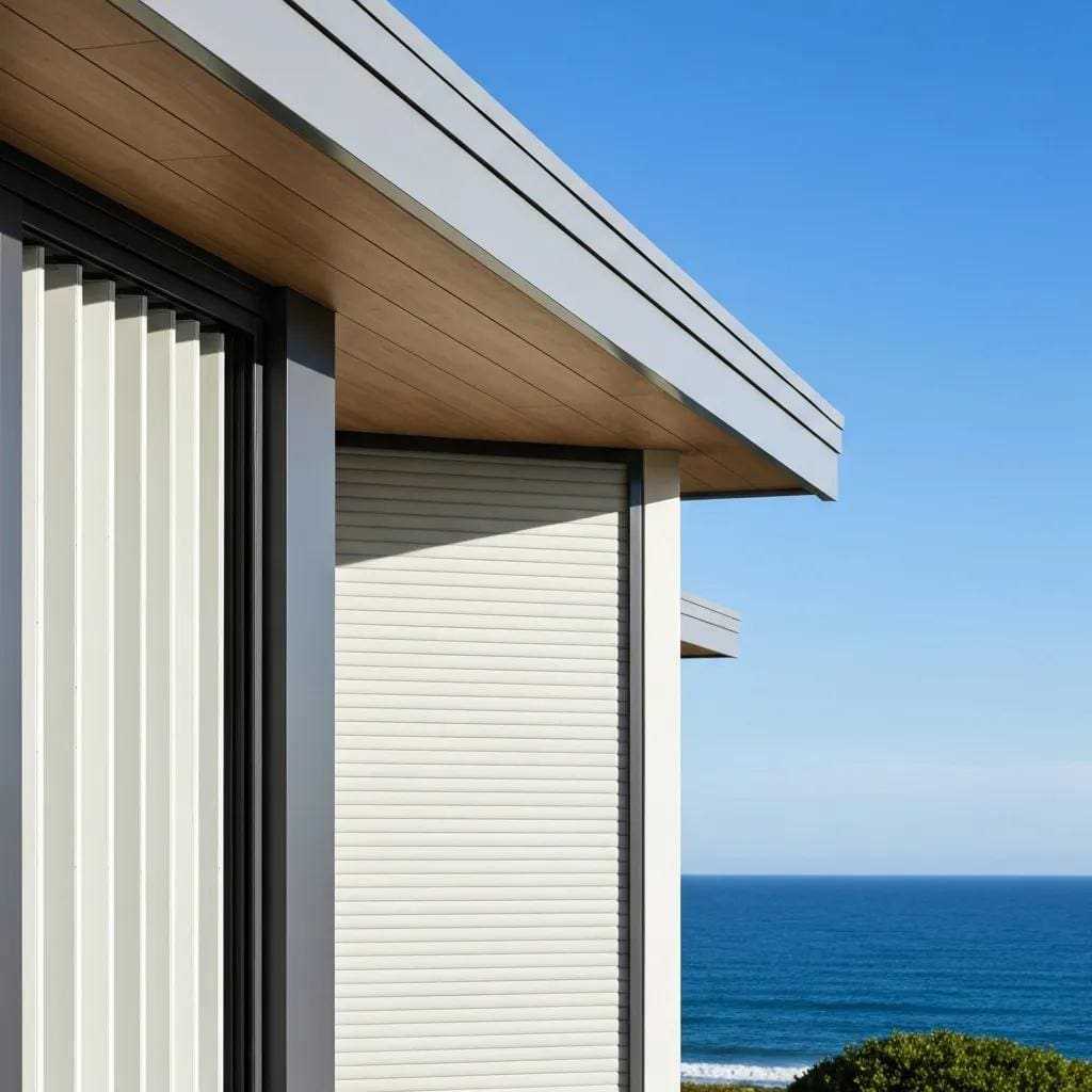 Modern coastal home with stylish accordion shutters enhancing aesthetics and storm protection