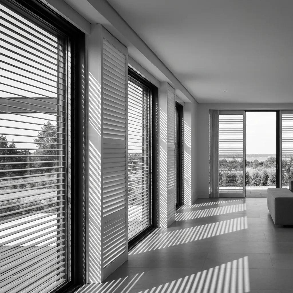 Modern home featuring accordion shutters on large openings, highlighting functionality and aesthetic appeal