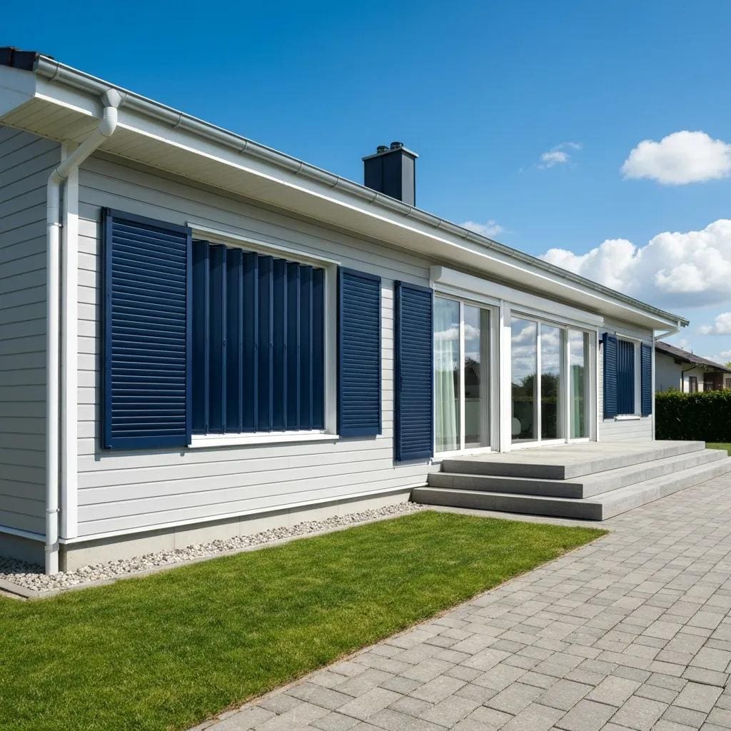 Modern home featuring accordion shutters, showcasing their design and storm protection benefits