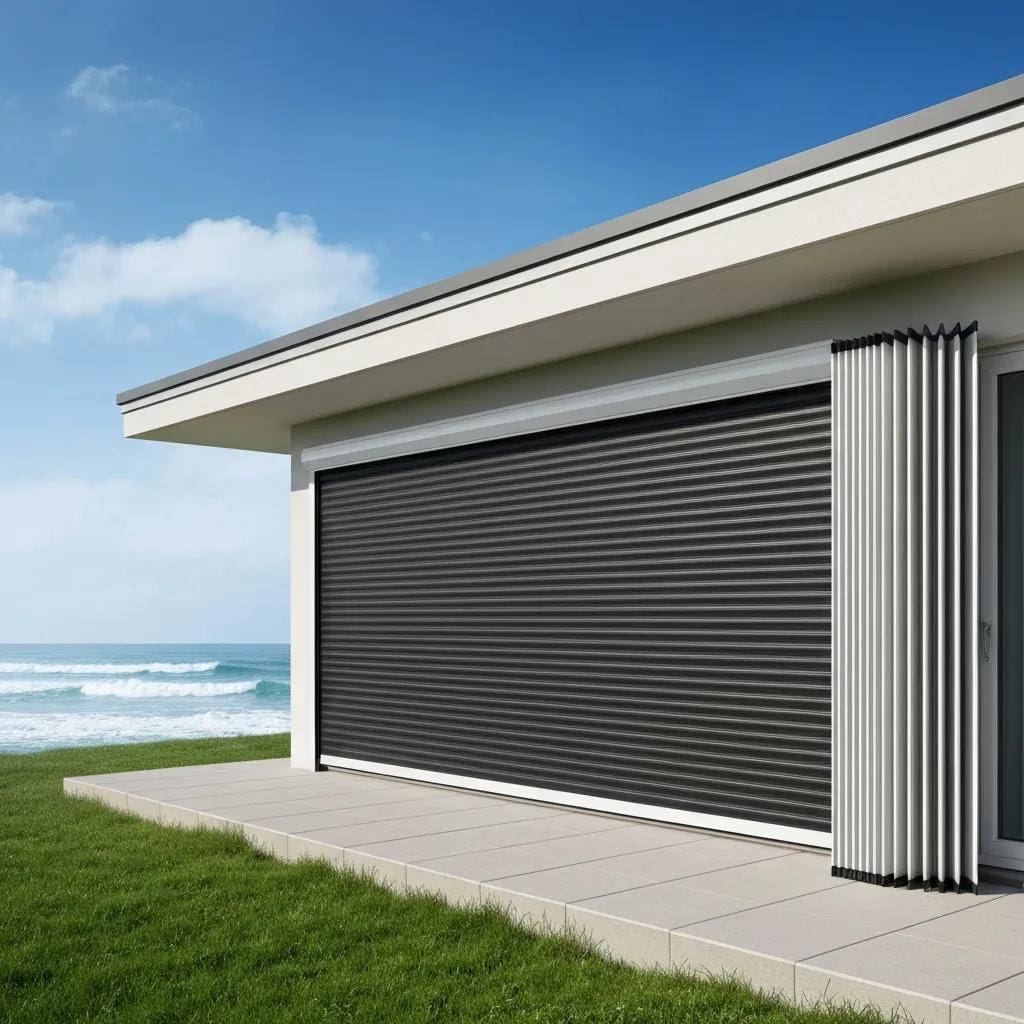 Modern home with accordion shutters partially open, showcasing storm protection features