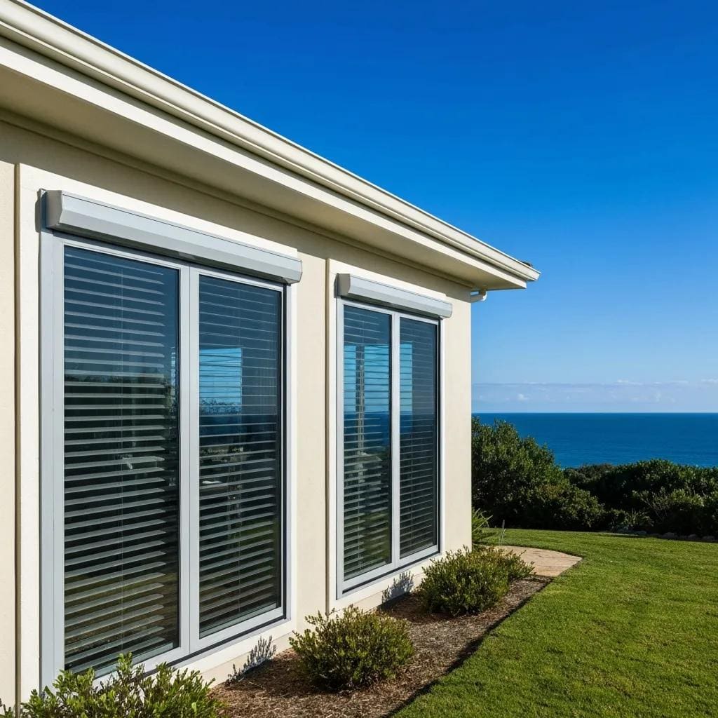 Modern home with accordion shutters providing storm protection in a coastal setting