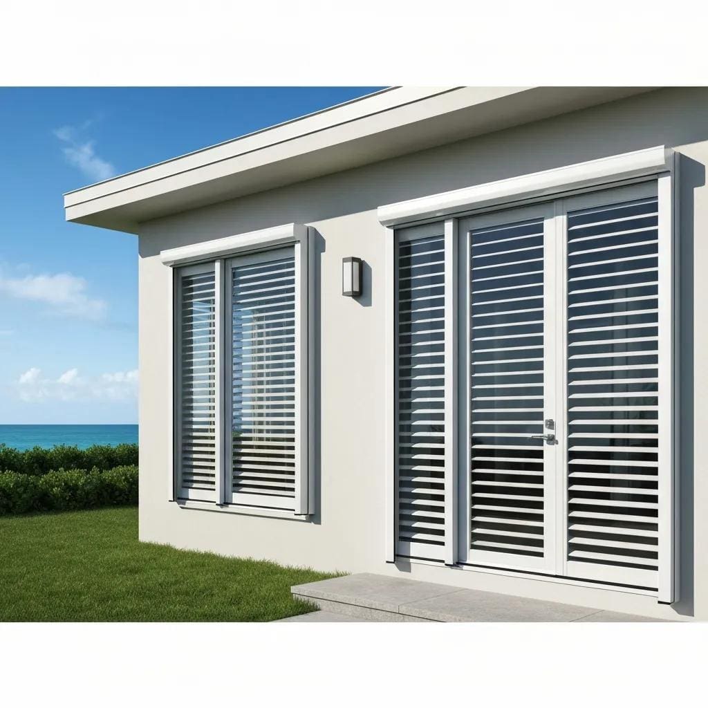 Modern home with accordion shutters showcasing storm protection features