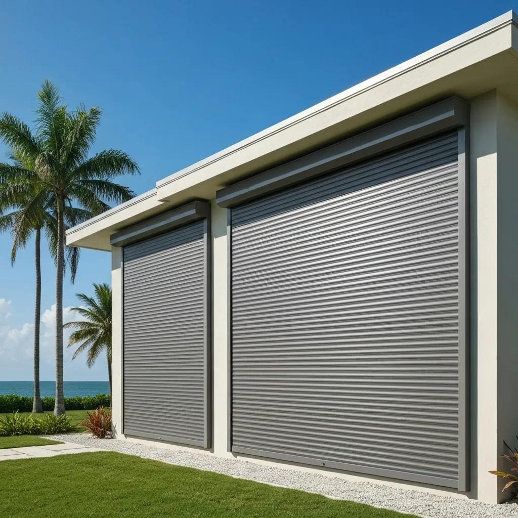 Modern home with closed roll down hurricane shutters against a coastal backdrop