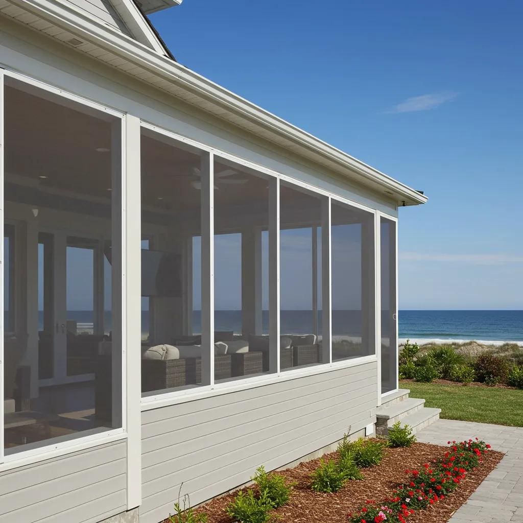 Modern home with hurricane mesh screens installed, showcasing protection and visibility