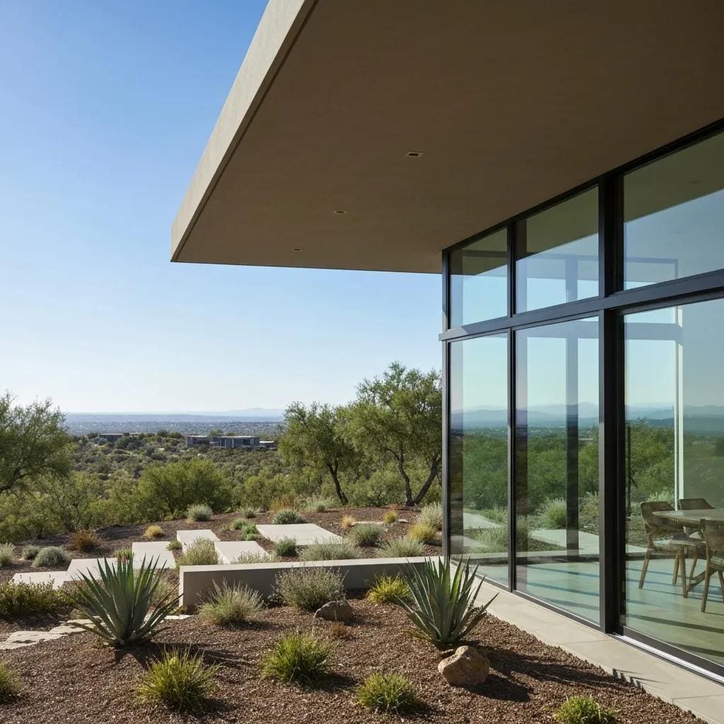 Modern coastal home with clear impact-resistant windows highlighting energy and noise benefits
