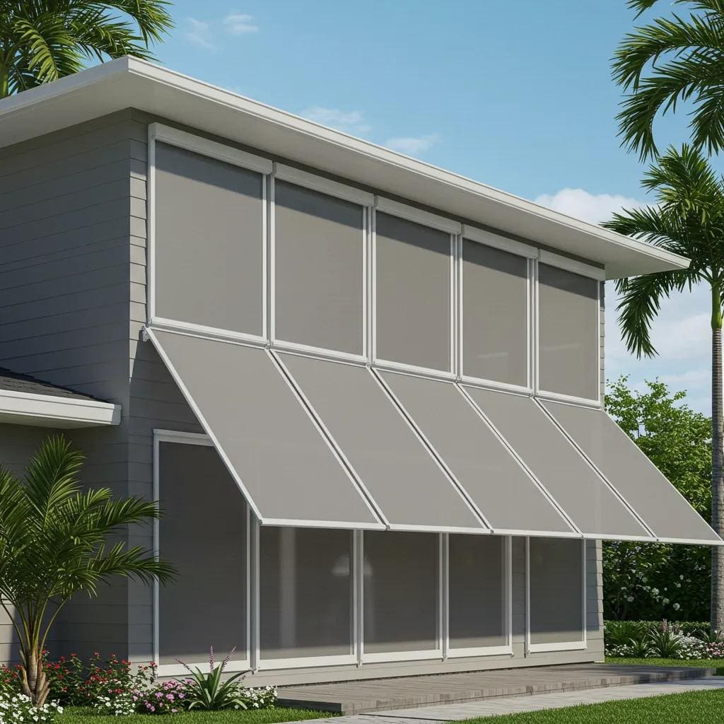 Modern home with roll-down hurricane screens partially deployed, showcasing coastal protection features