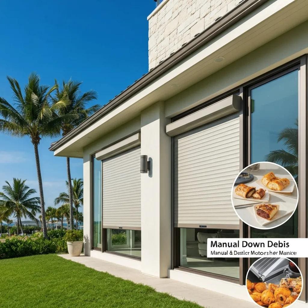 Modern home with roll down hurricane shutters partially deployed, showcasing storm protection features