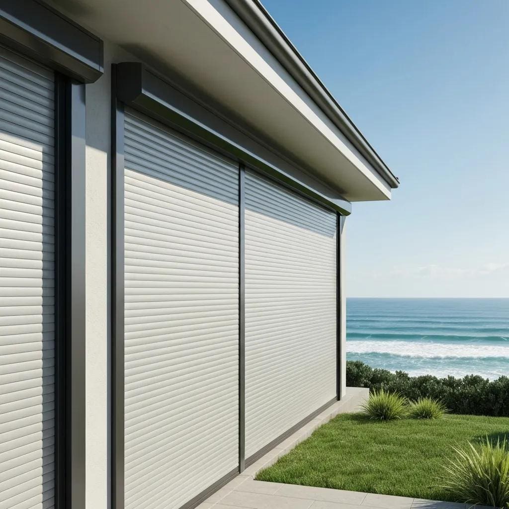 Modern home with roll down shutters in a coastal setting, showcasing hurricane protection features