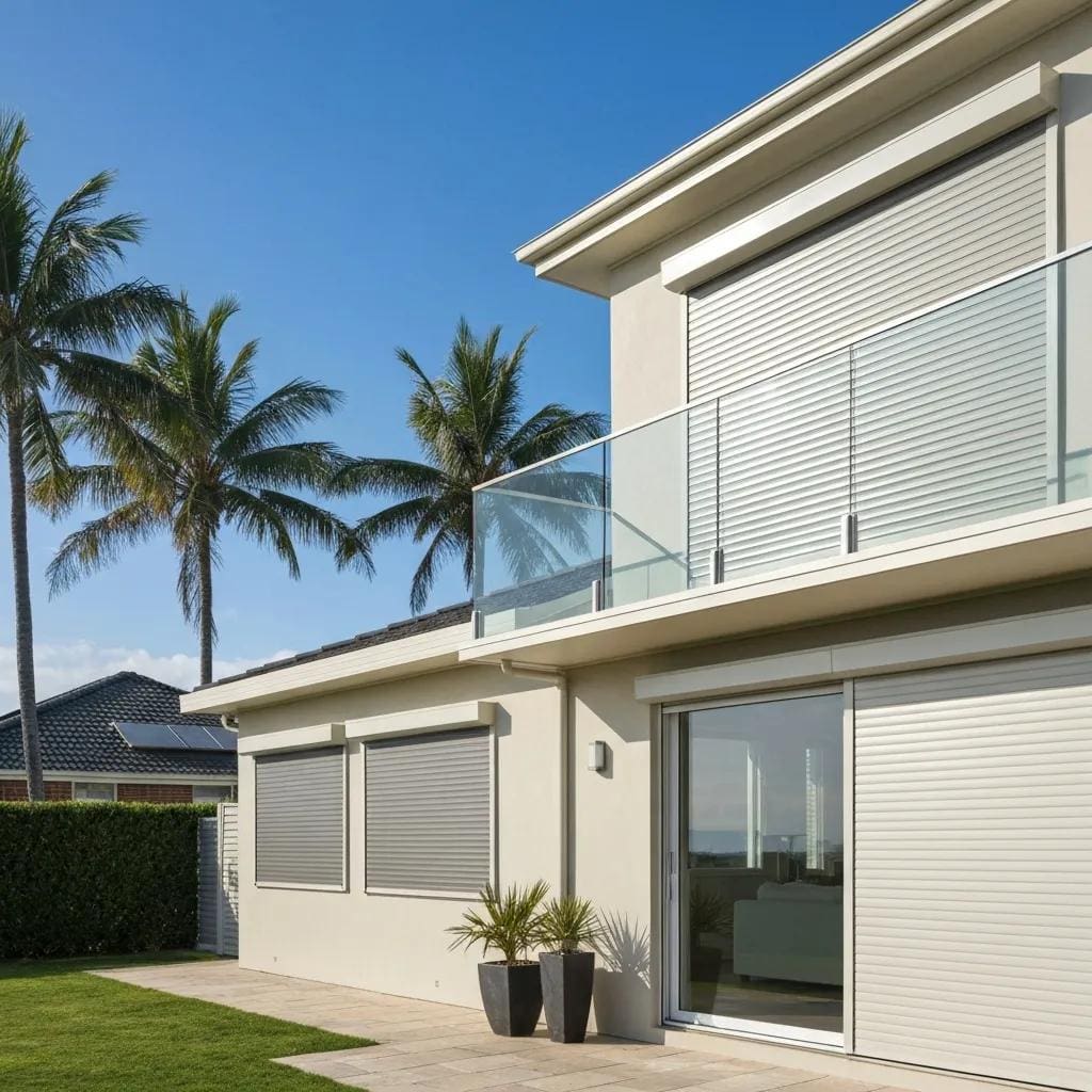 Modern home with roll down shutters installed, showcasing coastal protection features