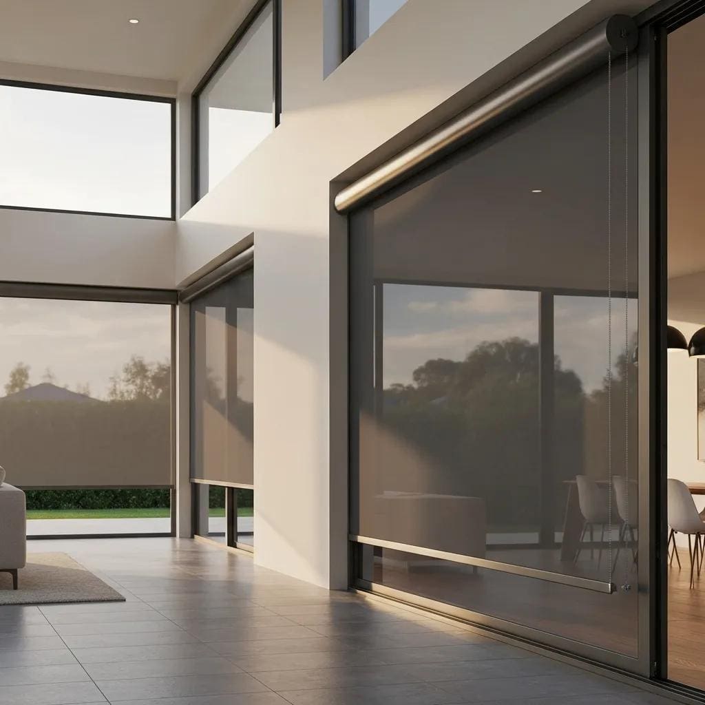 Modern home showing storm-rated roll screens deployed for visibility and protection