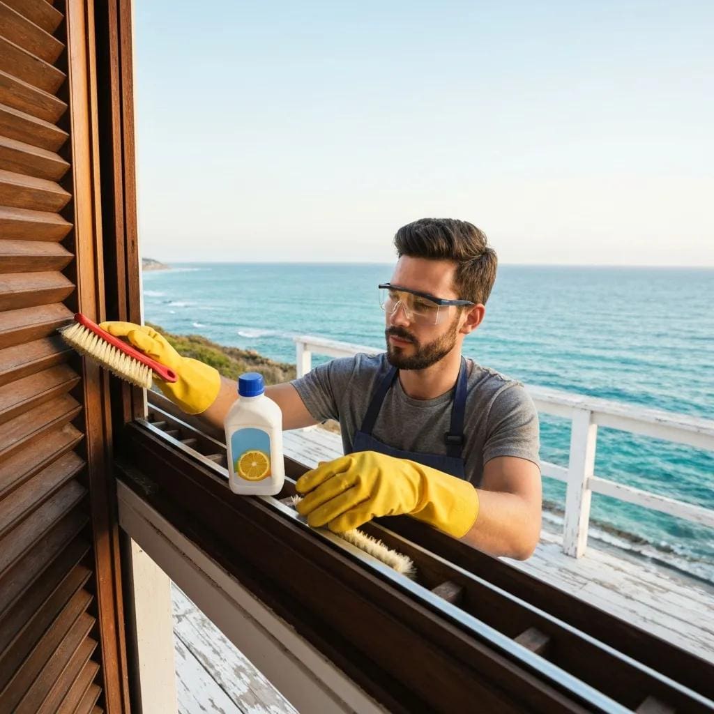 Person cleaning accordion shutter track with a nylon brush