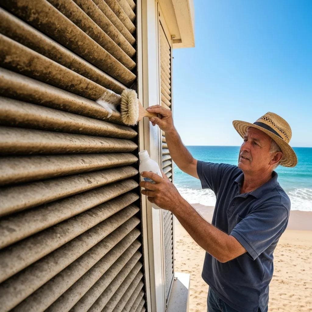 Person cleaning accordion shutters with a soft brush near the coast