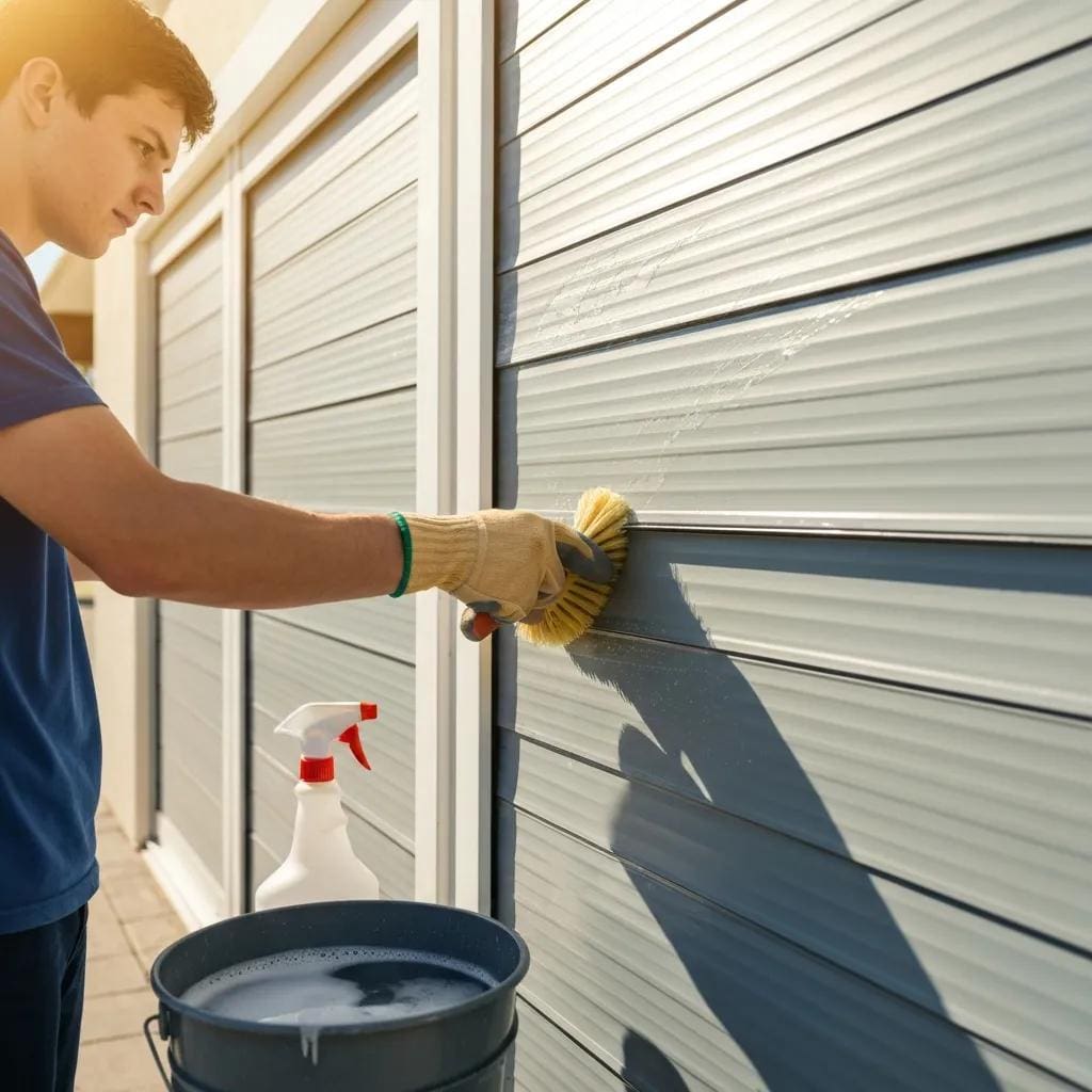 Person cleaning roll‑down shutters with a soft brush and mild detergent — best practice demonstration