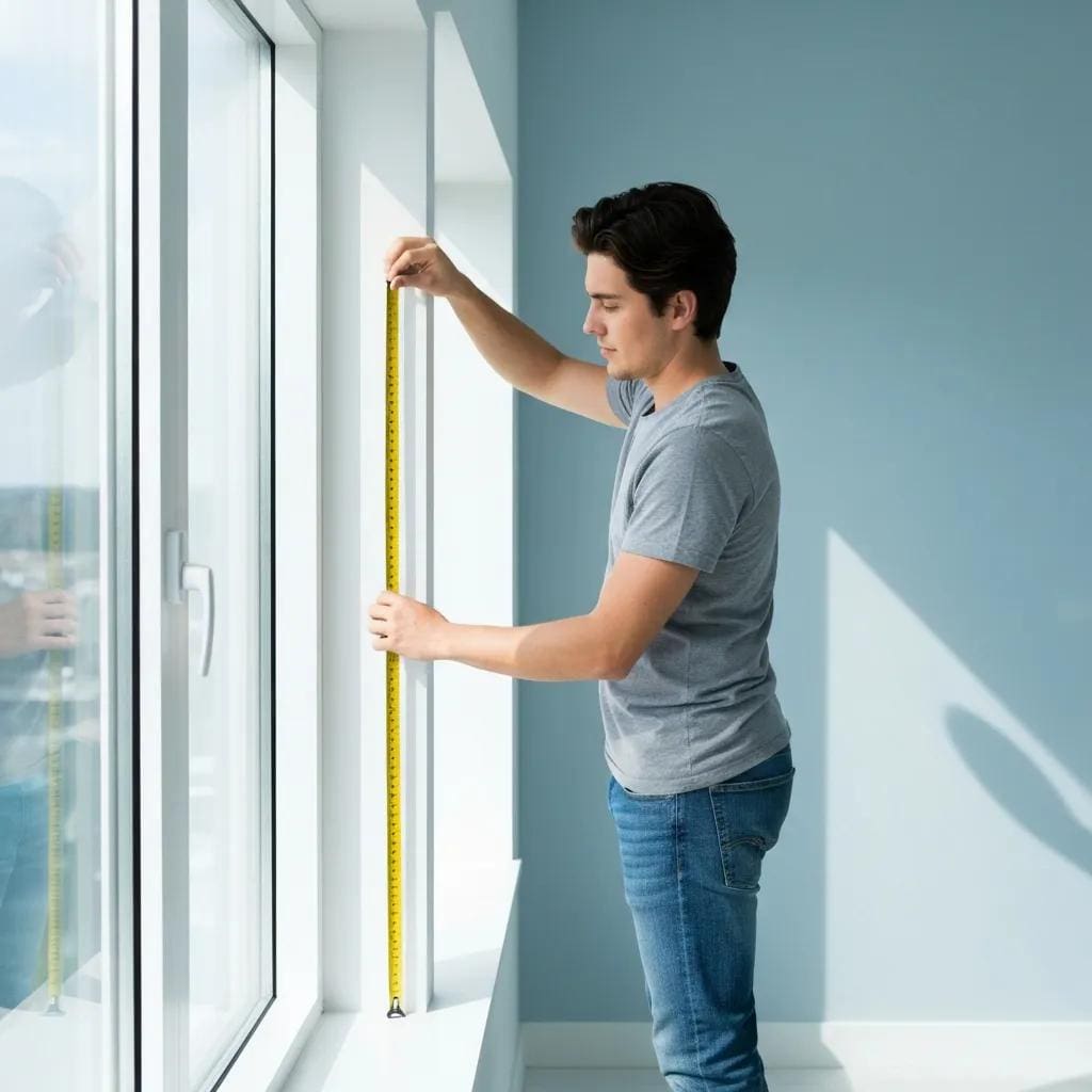 Technician measuring a window for accordion shutter installation