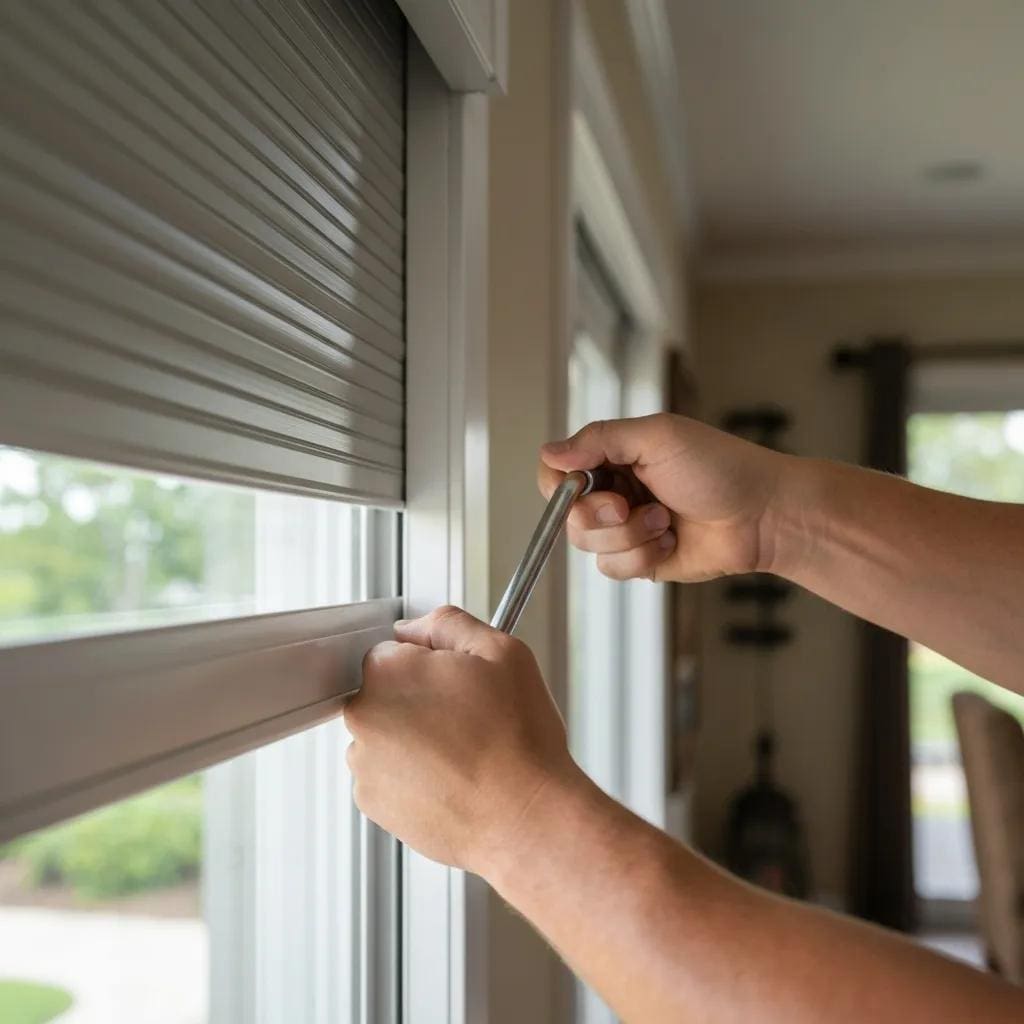 Technician or homeowner using a manual crank to operate a roll‑down shutter