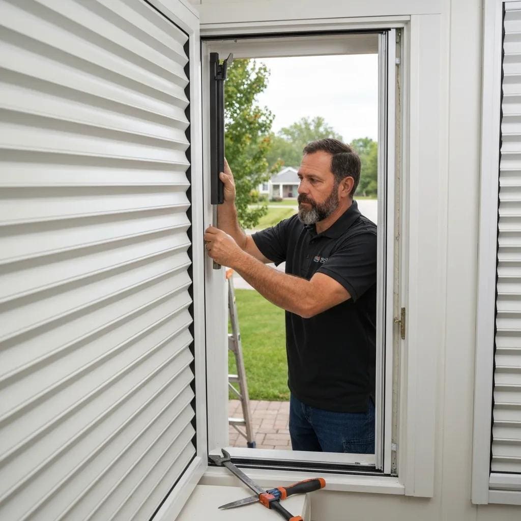 Professional installer fitting accordion shutters, highlighting the precision needed for effective noise reduction