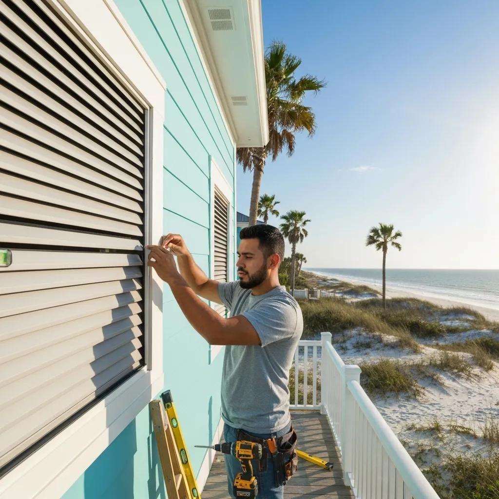 Professional-installation-of-accordion-shutters-on-a-coastal-home-d3d547d7-e896-4527-a2b5-8747a60d4ac6webp - american hurricane shutters Crew installing accordion shutters on a coastal residence