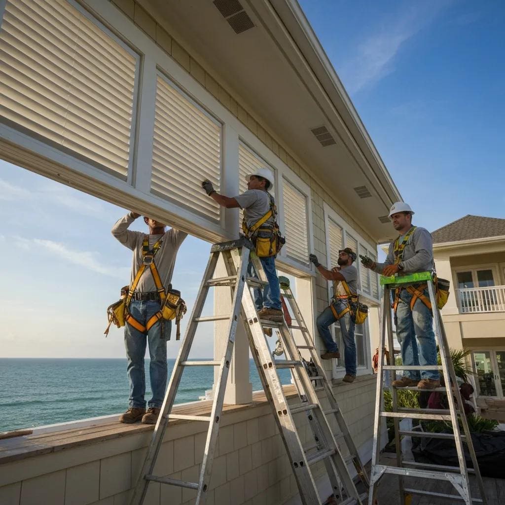 Technician installing hurricane shutters on a coastal home, showing professional care and safety