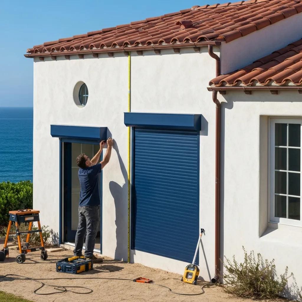 Professional installation of roll down shutters on a coastal home, highlighting the protective features and installation process
