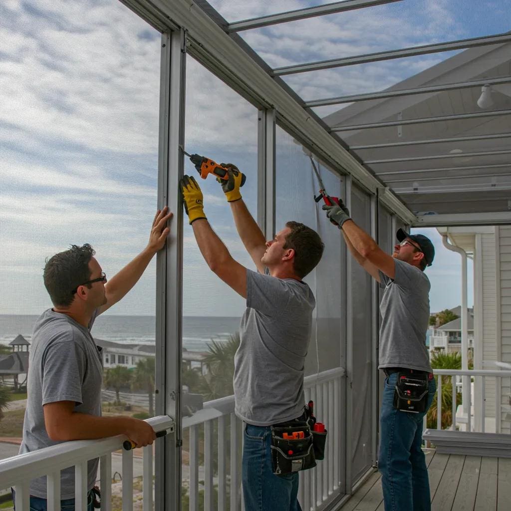 Professional-installation-team-securing-hurricane-screens-to-a-coastal-home-emphasizing-precision-and-care-in-the-process-8e590a8a-3016-4cf8-a1d8-f6bd0ae7e941webp - american hurricane shutters Professional installation team securing hurricane screens to a coastal home, emphasizing precision and care in the process