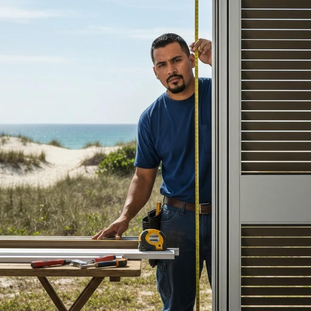 Professional-installer-demonstrating-hurricane-shutter-installation-in-a-coastal-environment-b8c668ac-fc8a-43cd-b78c-713a9edad82dwebp - american hurricane shutters Installer demonstrating hurricane shutter fitment on a coastal property — attention to anchors and corrosion-resistant hardware