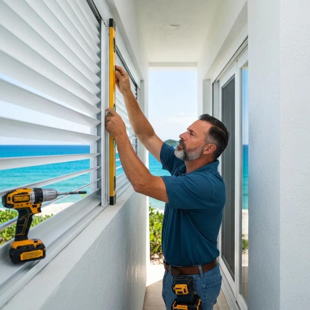 Installer checking fasteners and alignment during hurricane shutter installation