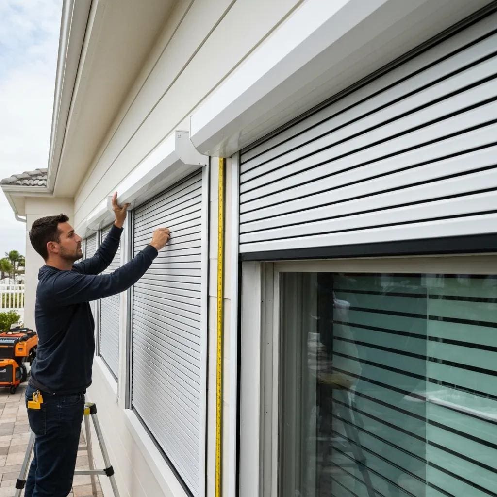 Installer measuring and aligning roll-down shutters during installation