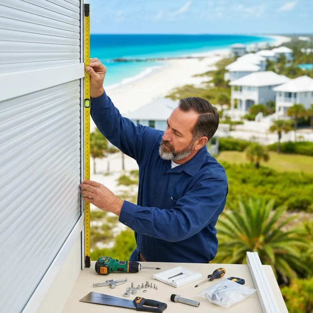 Installer measuring and preparing roll-down shutters for a coastal home
