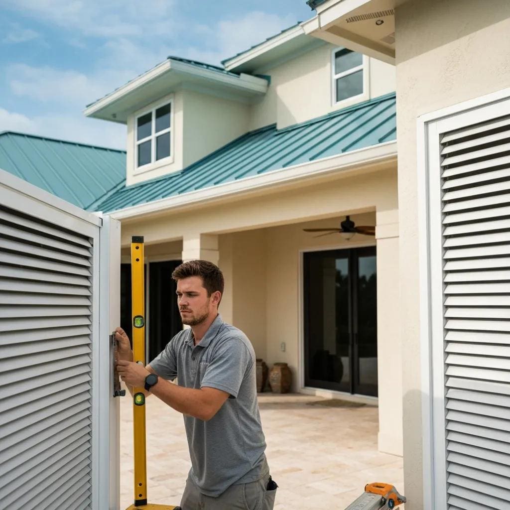 Professional-installer-measuring-and-securing-accordion-hurricane-shutters-on-a-coastal-home-984639ce-281f-4a2e-aef4-726adf42b574webp - american hurricane shutters Certified installer measuring and securing accordion hurricane shutters on a Coastal Carolina home