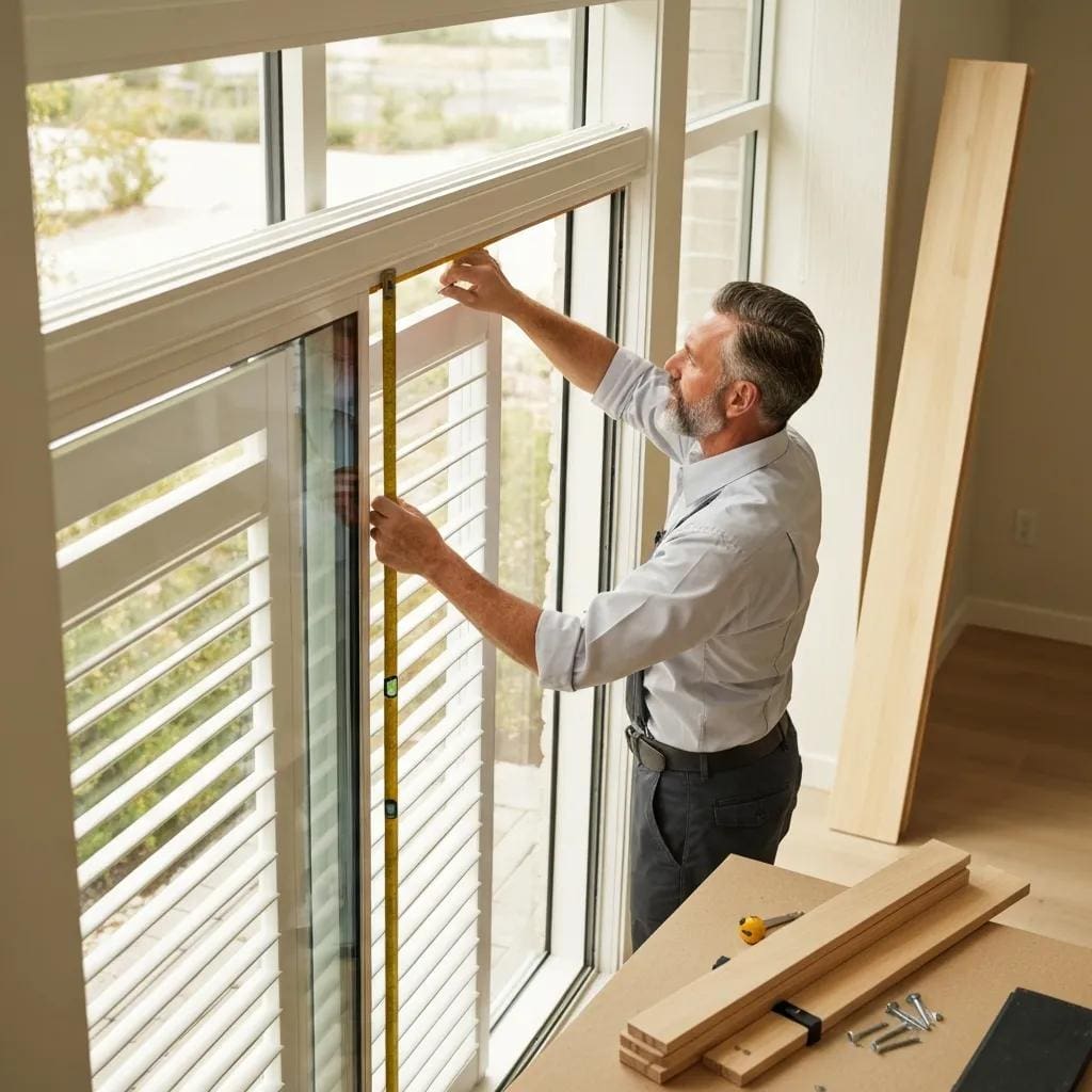Installer measuring a window for accordion shutters at a residential home