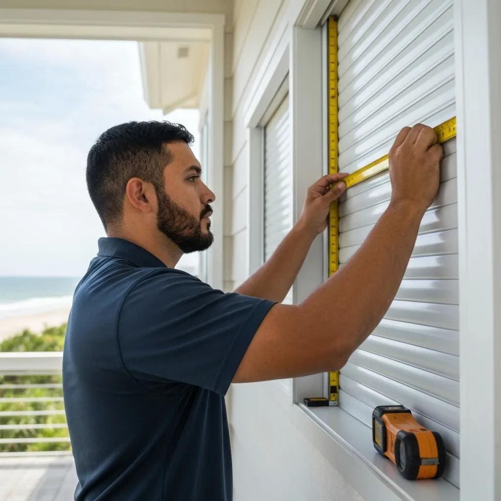 Installer taking precise measurements on a coastal home's window frame for a roll-down shutter