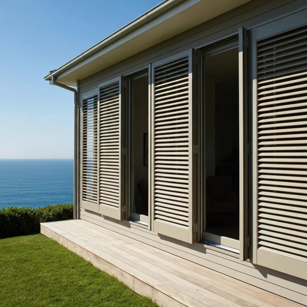 Installer positioning top track for accordion shutter on a coastal home