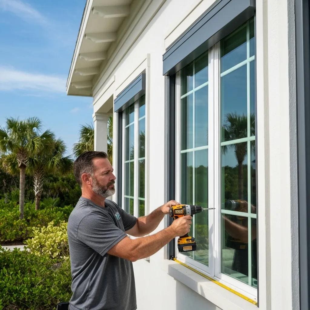 Installer mounting roll down hurricane shutters on a coastal home to illustrate installation work