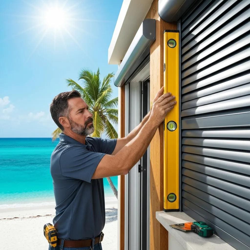 Installer securing roll-down hurricane shutters on a coastal home, illustrating the professional installation process