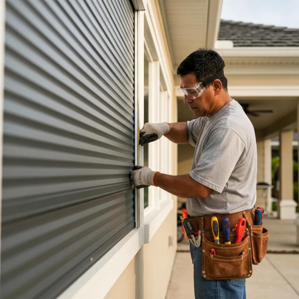 Professional-installer-mounting-roll-down-hurricane-shutters-on-a-residential-property-330b79c8-af41-40bb-9f32-ed7868ef3e61webp - american hurricane shutters Technician installing roll‑down hurricane shutters on a residential window