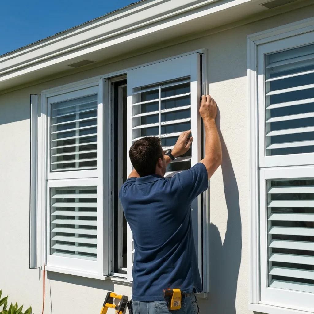 Professional-installer-securing-hurricane-shutters-on-a-coastal-home-illustrating-the-installation-process-0a07a2f1-295c-49c8-a72a-d7293082a1e8webp - american hurricane shutters Installer fastening hurricane shutters on a coastal home, demonstrating the professional installation process