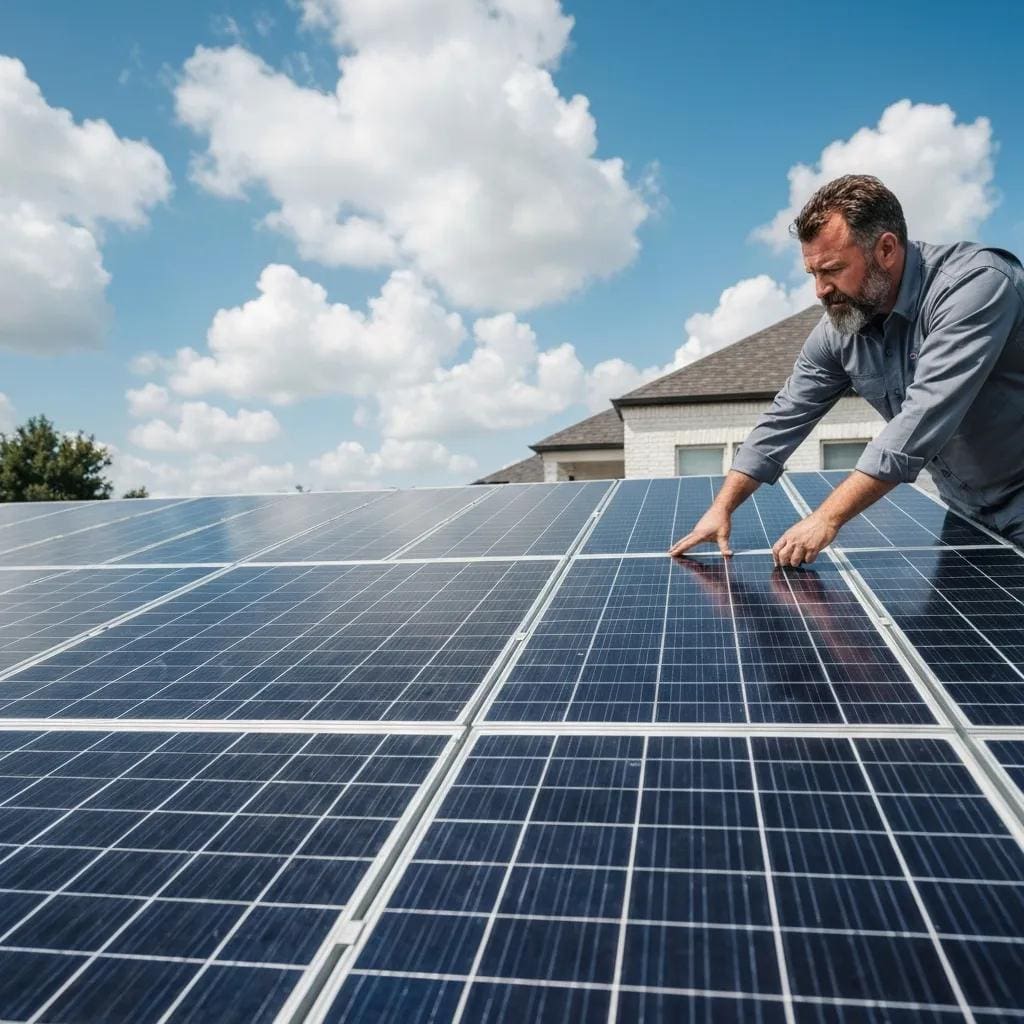 Installer fitting roll-down hurricane shutters on a coastal house, showing proper anchoring and housing