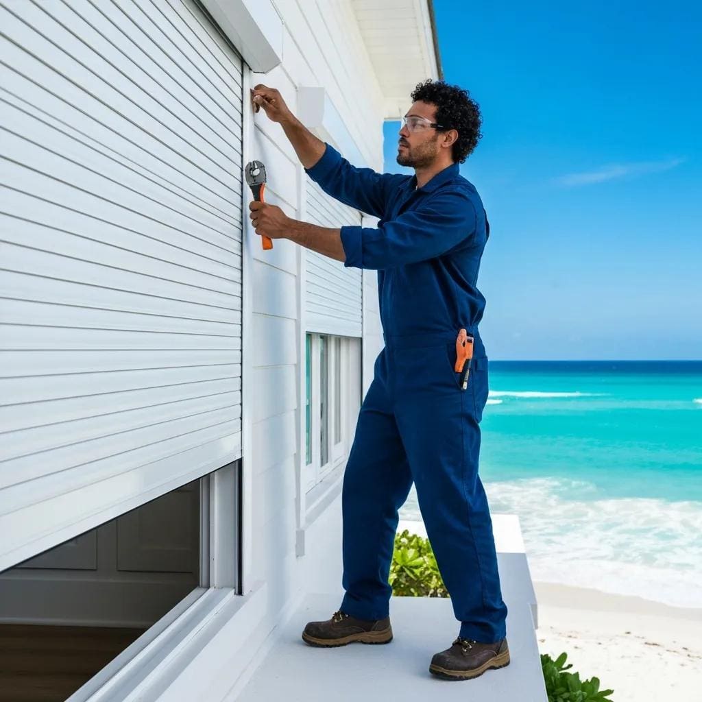 Installer fitting a roll‑down hurricane shutter on a coastal home, ensuring correct alignment