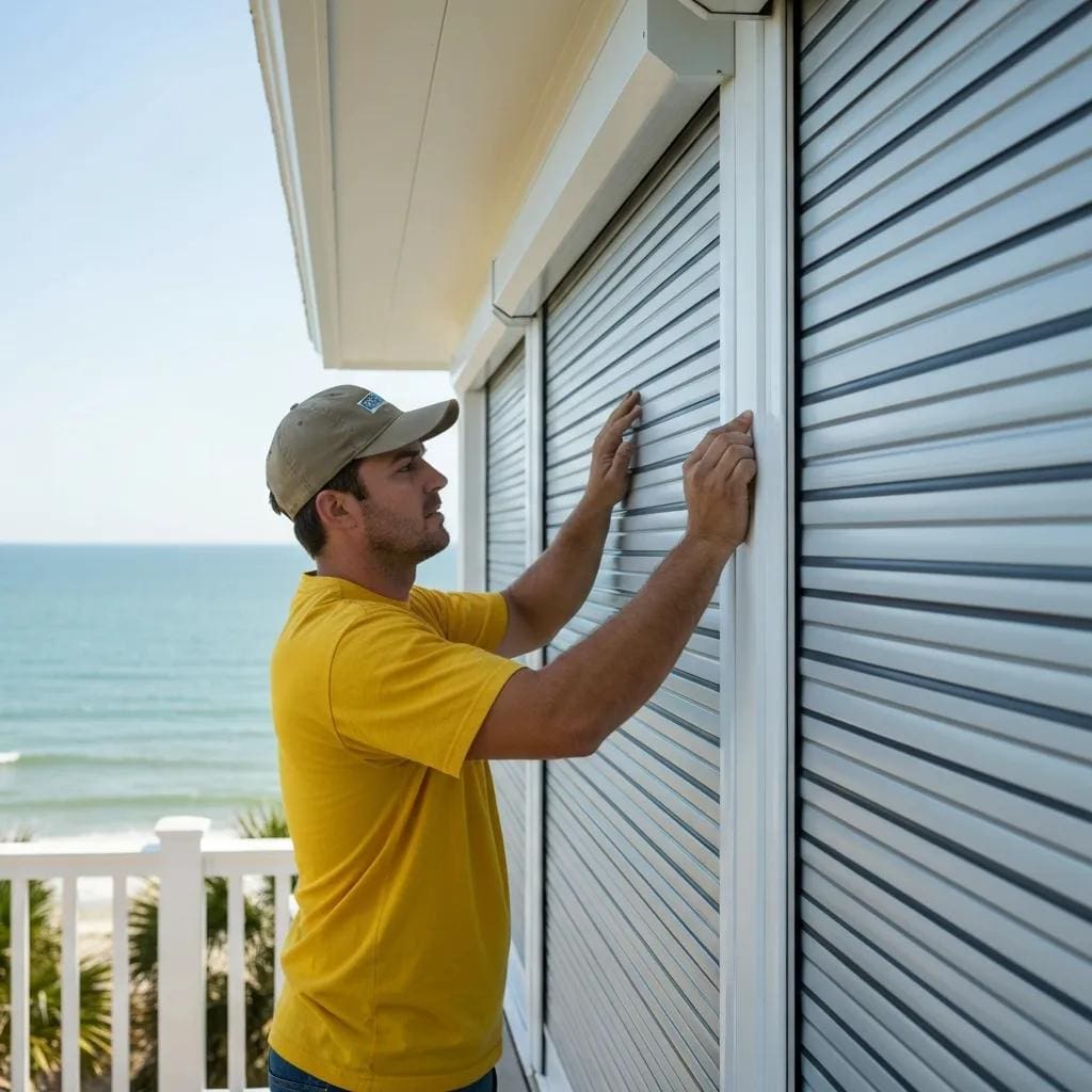 Installer fitting roll down shutters on a coastal South Carolina property