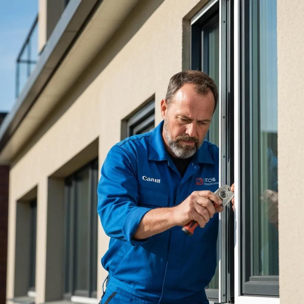 Installer fitting commercial accordion shutters during a professional installation at a business